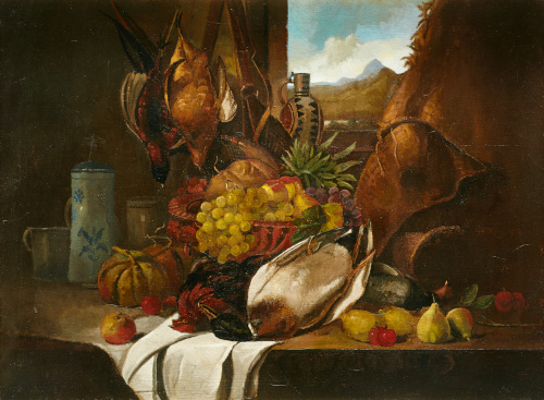 ESCUELA ESPAÑOLA, SIGLO XXBodegón de caza muerta sobre un 