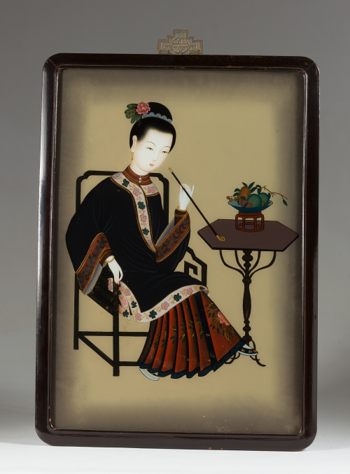 Pintura en cristal de mujer consumiendo opio.China. pp.s.XX