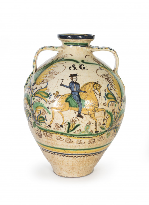 Orza de cerámica de Puente del Arzobispo esmaltada con un j