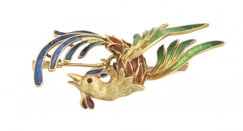 Broche en forma de ave de paraíso en oro de 18K y esmalte e