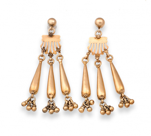 Pendientes largos Art-Decó con tres grandes lágrimas a colg