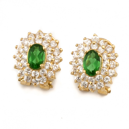 Pendientes con esmeralda oval y doble orla de circonitas en
