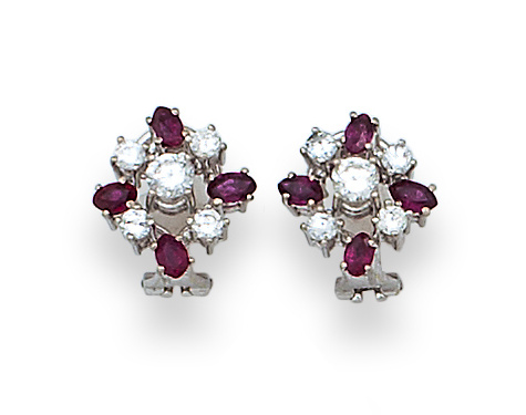 Pendientes con brillantes y rubíes talla navette engastados