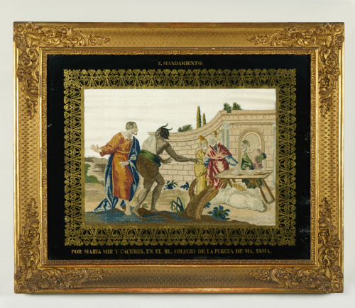 Bordado “a pintura” con marco ebonizado, lleva inscrito “X 
