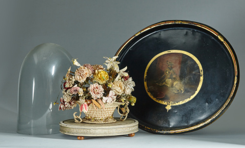 Trabajo de cesto de flores de papel y cesta, h. 1800