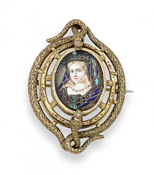 Broche Victoriano con esmalte de dama ataviada al estilo re