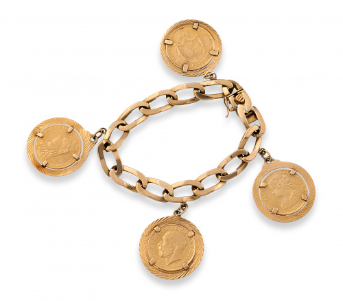 Pulsera de eslabón barbado con monedas colgantes en oro de 