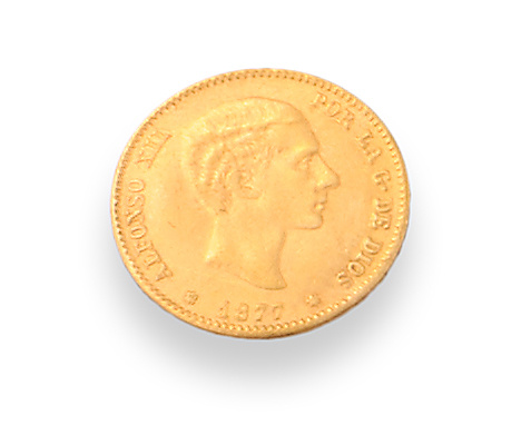 Moneda de 25 ptas de Alfonso XII en oro. 1877 . DE .