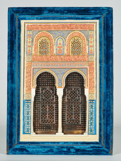 Modelo de puerta de la Alhambra en yeso policromado y dorad