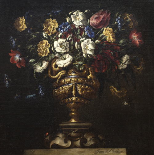 JUAN DE ARELLANO (1614-1676)Florero con gardenias, clavele