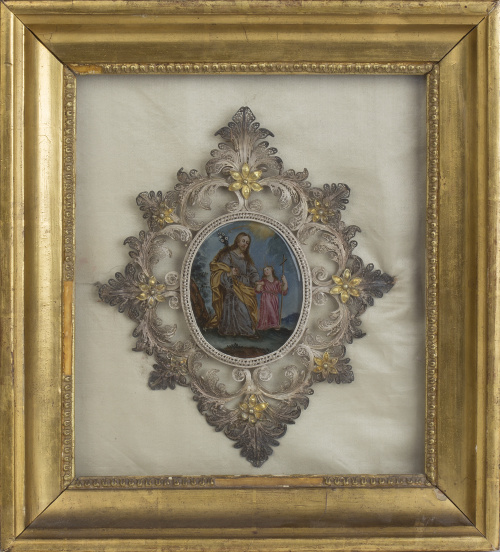 “San José y Niño”Cristal pintado.Con marco de filigrana d