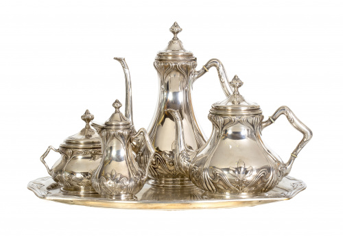 Juego de café y té Art-Nouveau de plata en su color, ley 80