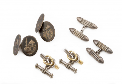 Lote de tres parejas de gemelos en plata y oro de 18K.