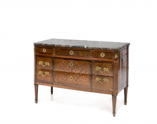 Cómoda Luis XVI en madera de caoba, con marquetería de palo