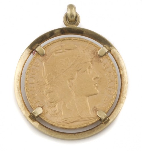 Colgante con moneda de 20 francos franceses de 1904 en oro 