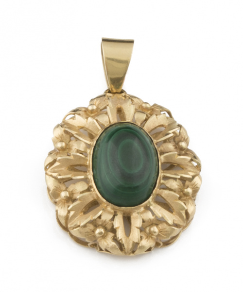 Colgante flor con cabuchón de malaquita entre pétalos calad