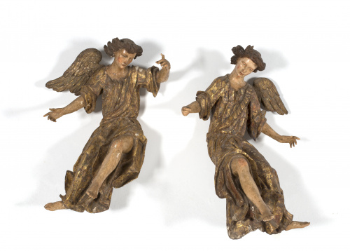 Pareja de Ángeles lampadarios en madera tallada, policromad