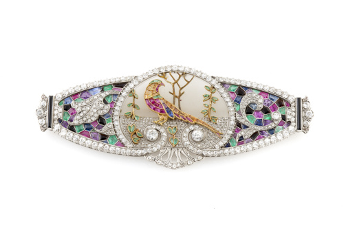 Broche placa Art-Decó c.1920 de platino con esmeraldas,rubí