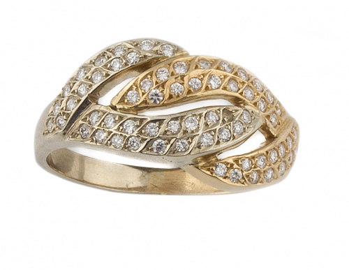 Sortija con brillantes en dos bandas trenzadas de oro bicol