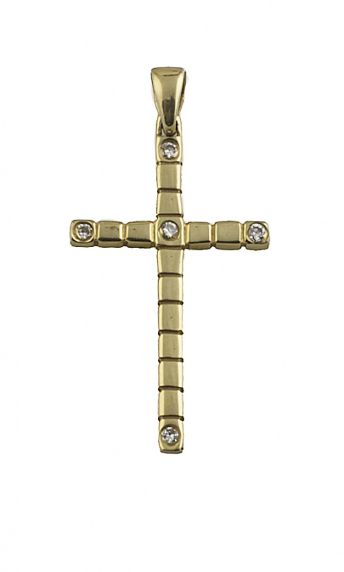 Cruz con brillante central y en los extremos, en oro amaril