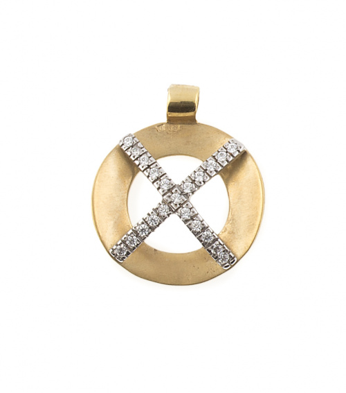 Colgante circular con aspa central de brillantes en oro ama