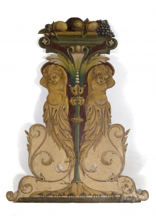 Pareja de paneles policromados con dos “Putti” afrontados s