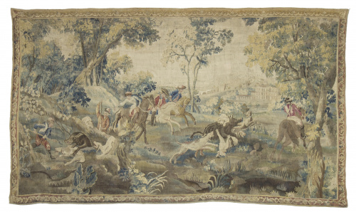 Tapiz en lana y seda con escena cinegética.Trabajo franco-