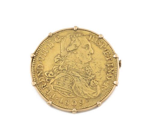 Broche con moneda de 8 escudos de Fernando VII de 1809 Méxi