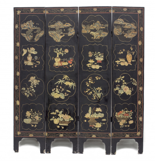 Biombo de cuatro hojas en madera y laca “Coromandel” con de