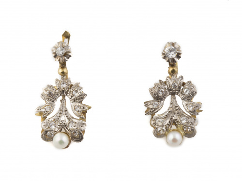 Pendientes largos de pps s XX con hojas de diamantes y perl