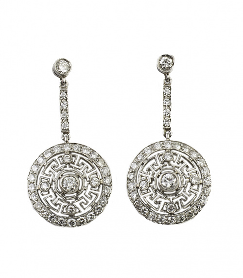 Pendientes largos de platino y brillantes estilo Art-Decó ,