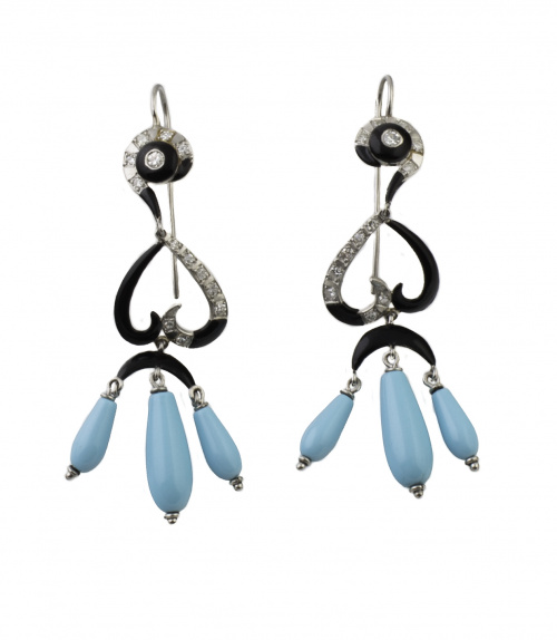 Pedientes largos con tres perillas de turquesas y esmalte n