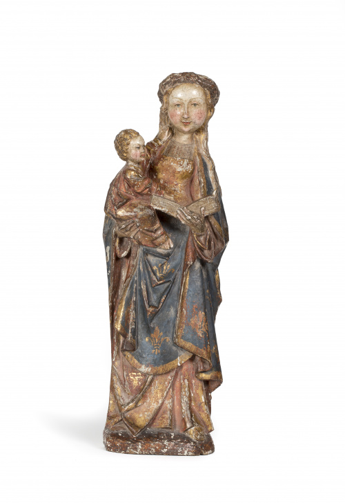 Virgen con niño. Escultura en madera tallada, policromada y