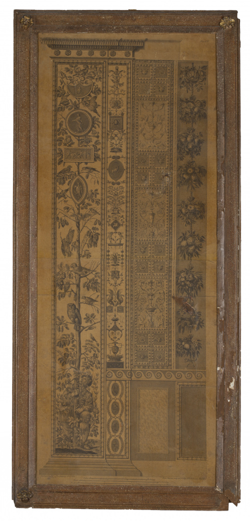 Tres grabados Luis XVI con temas ornamentales, con marco de
