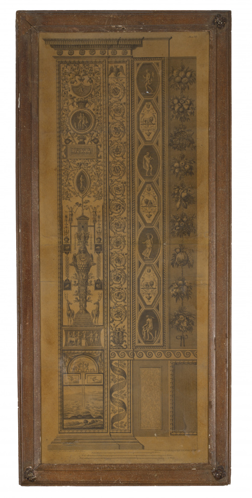 Tres grabados Luis XVI con temas ornamentales, con marco de