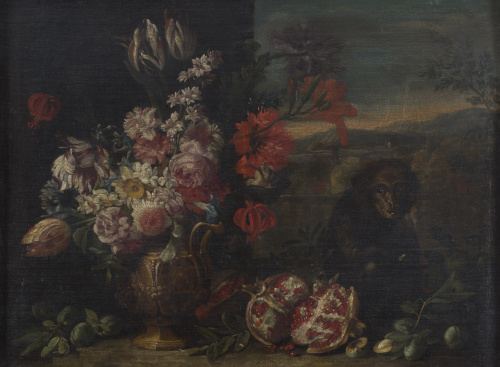 ESCUELA ROMANA, SIGLO XVIIBodegón de flores, granadas y mo