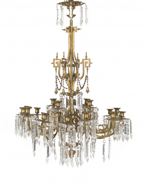 Lámpara de techo de 16 luces en bronce y cristal.S. XX