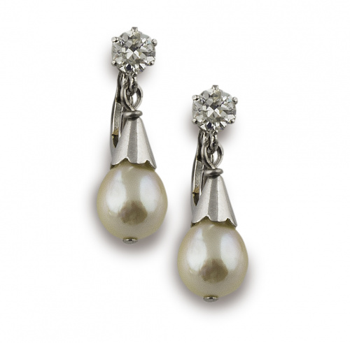 Pendientes largos con brillante y perla colgante en oro bla