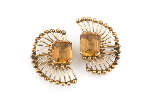 Pareja de clips años 40 con cuarzo citrino y abanico de hil
