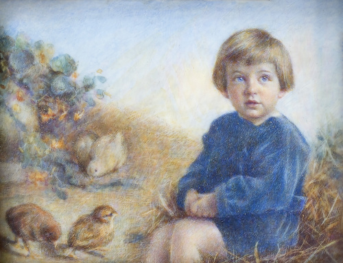 ESCUELA ITALIANA, H. 1923Niño con pollitos en un paisaje