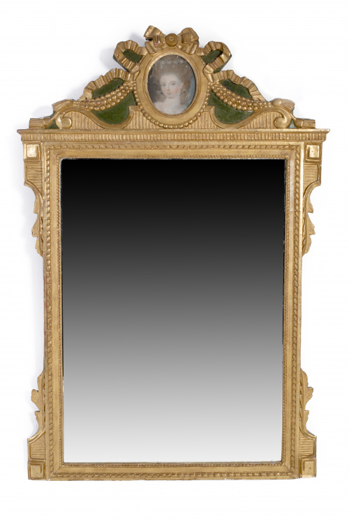 Espejo Luis XVI en madera tallada, dorada y policromadaFra