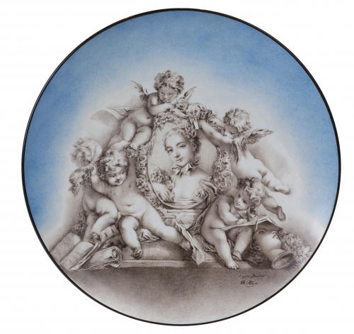 Plato de porcelana esmaltada con una alegoría de las artes 