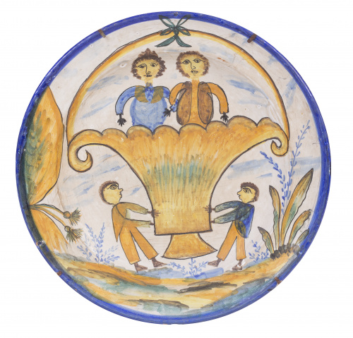 Plato de "boda" de cerámica esmaltada con personajes en esm