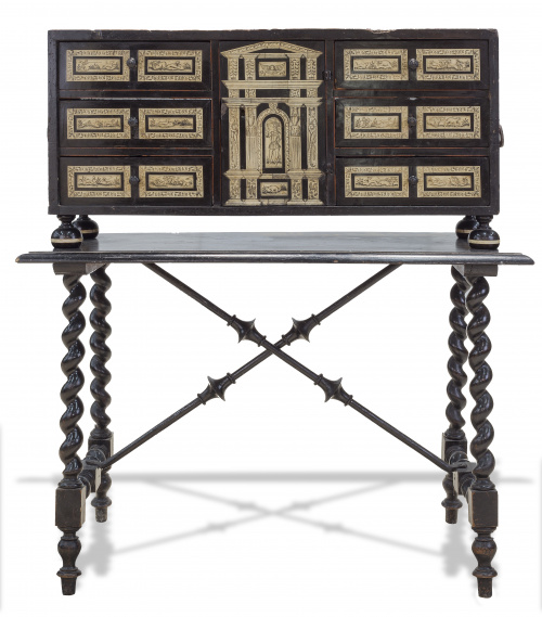 Papelera de madera de nogal, limoncillo, madera ebonizada y