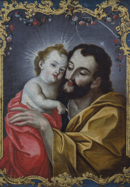 ESCUELA QUITEÑA, SIGLO XVIIISan José y el Niño con decorac