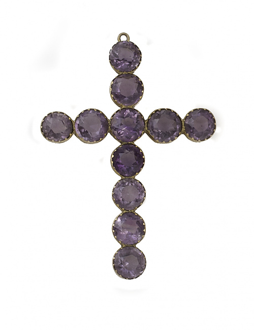 Cruz colgante S. XIX de amatistas de talla redonda en oro a