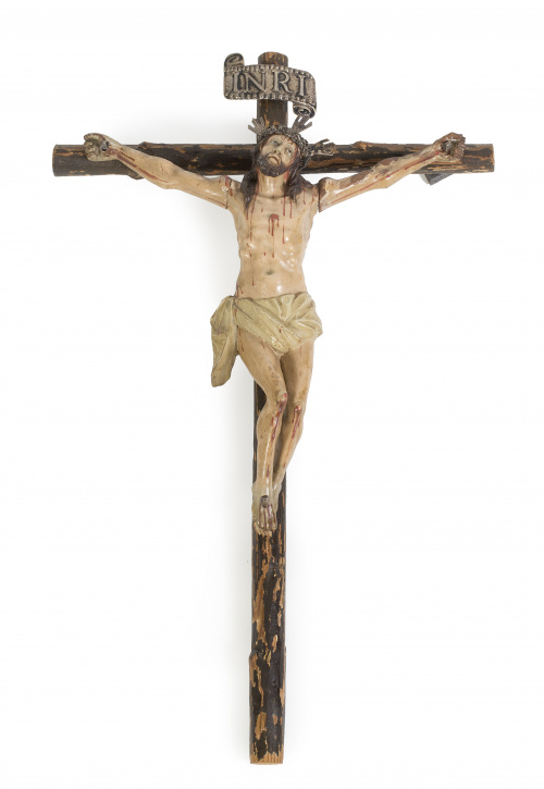 Cristo crucificado, en madera tallada y policromada, ojos d