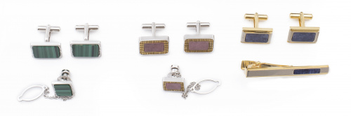 Tres pares de gemelos con pin, vintage años 70, con sodalit