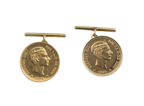 Gemelos realizados con monedas de 10 ptas de oro de Alfonso