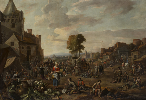 ANTON GOUBAU (Amberes, 1616-1698)Escena de un mercado, 1677
